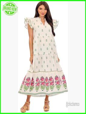 Cotton Maxi Dress with Flutter Sleeves, V-Neck, French Knot Details